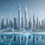 A conceptual illustration of a futuristic Dubai skyline featuring 3D-printed buildings, symbolizing architectural innovation and technological advancement in modern urban development.