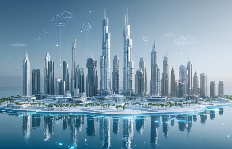 A conceptual illustration of a futuristic Dubai skyline featuring 3D-printed buildings, symbolizing architectural innovation and technological advancement in modern urban development.