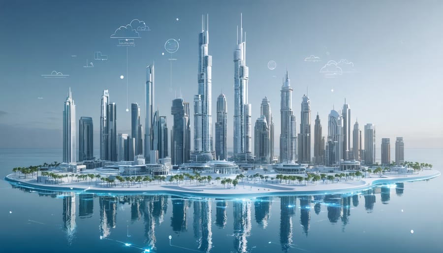 A conceptual illustration of a futuristic Dubai skyline featuring 3D-printed buildings, symbolizing architectural innovation and technological advancement in modern urban development.