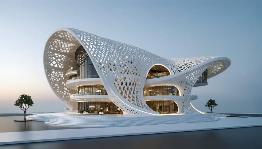 The Office of the Future building in Dubai featuring curved white walls and modern architectural design created through 3D printing