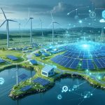"Conceptual illustration depicting modern energy infrastructure with renewable energy sources, transmission networks, and smart grid technology."