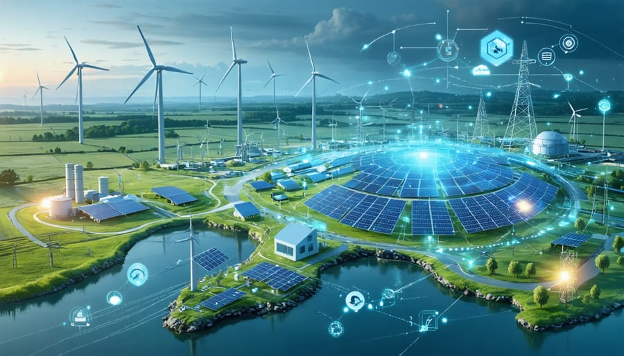 "Conceptual illustration depicting modern energy infrastructure with renewable energy sources, transmission networks, and smart grid technology."