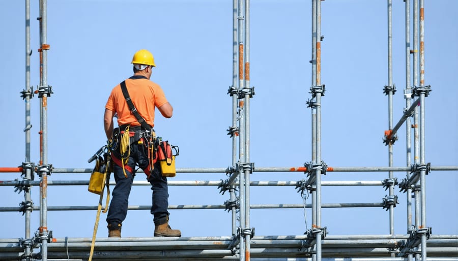Construction workers demonstrating correct fall protection systems on scaffolding