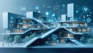 A conceptual cityscape illustration highlighting modern buildings with inclusive design features such as ramps and tactile surfaces, integrated with futuristic technology symbols like digital interfaces, representing the theme of adaptable and future-proof architecture.