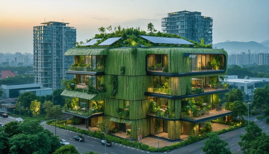 A modern, eco-friendly building showcasing sustainable materials such as bamboo cladding, solar panels, and a green rooftop, set against a futuristic urban skyline.