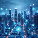 Illustration of a futuristic city skyline with blockchain network nodes connecting various buildings, symbolizing integration of smart contracts and technology in the real estate sector.