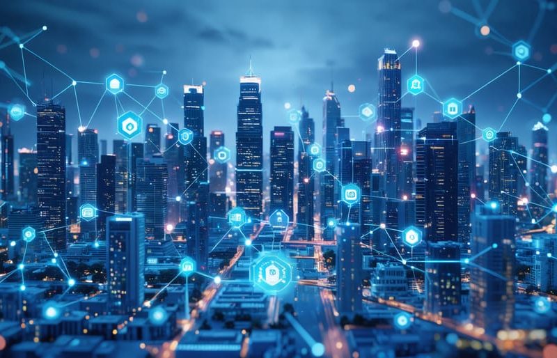 Illustration of a futuristic city skyline with blockchain network nodes connecting various buildings, symbolizing integration of smart contracts and technology in the real estate sector.