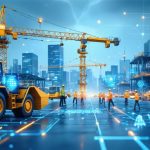 A visionary construction site illustrating the integration of 5G and edge computing with cranes and autonomous machinery connected through digital data streams, emphasizing real-time connectivity and data management.