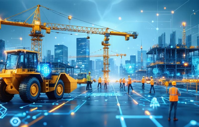 A visionary construction site illustrating the integration of 5G and edge computing with cranes and autonomous machinery connected through digital data streams, emphasizing real-time connectivity and data management.
