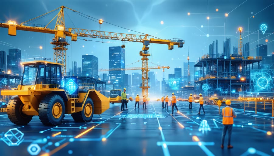 A visionary construction site illustrating the integration of 5G and edge computing with cranes and autonomous machinery connected through digital data streams, emphasizing real-time connectivity and data management.