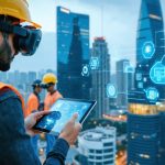 Futuristic construction site illustrating the integration of BIM, IoT sensors, and AI for advanced project management, with workers using digital tools in a high-rise setting.