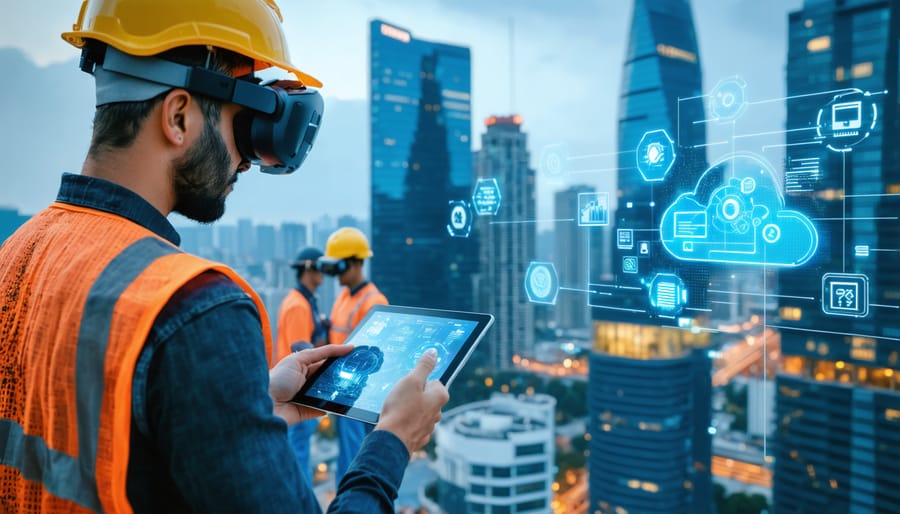 Futuristic construction site illustrating the integration of BIM, IoT sensors, and AI for advanced project management, with workers using digital tools in a high-rise setting.