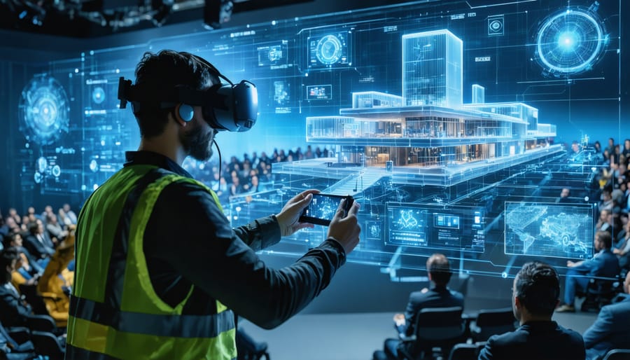 Construction professional utilizing a VR headset to interact with a 3D architectural model, symbolizing the convergence of gaming and construction technologies at industry events.
