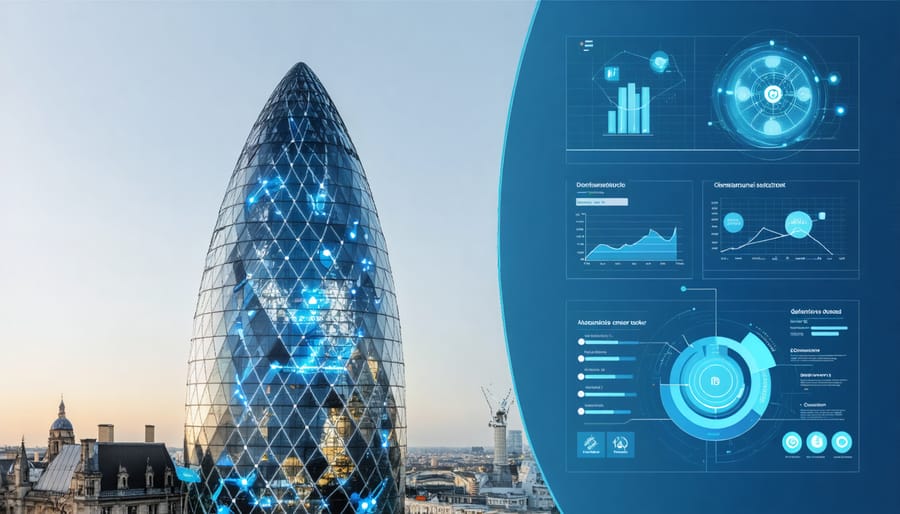 London's Gherkin Building featuring highlighted IoT implementation points and real-time maintenance monitoring interface