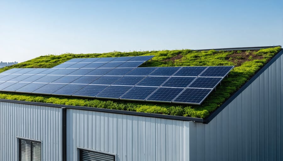 Sustainable commercial building featuring solar panels and vegetated roof system