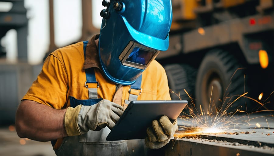 Construction professional combining traditional welding work with digital technology usage