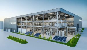 Illustration showing an industrial building with energy-efficient design features, including solar panels, LED lighting, and an advanced HVAC system, symbolizing the impact of new energy standards.