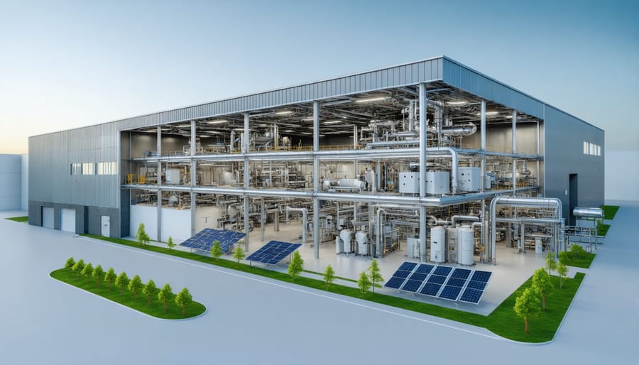 Illustration showing an industrial building with energy-efficient design features, including solar panels, LED lighting, and an advanced HVAC system, symbolizing the impact of new energy standards.
