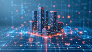 Conceptual illustration of a smart building with IoT devices highlighted as vulnerability points, overlaid with digital grids and binary code representing security threats to infrastructure.