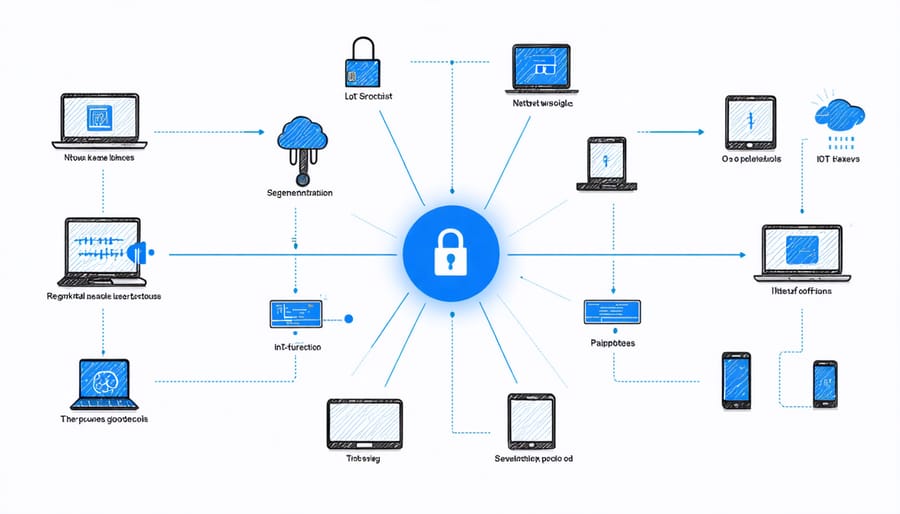 Technical illustration of secure IoT network architecture with segregated zones and security measures