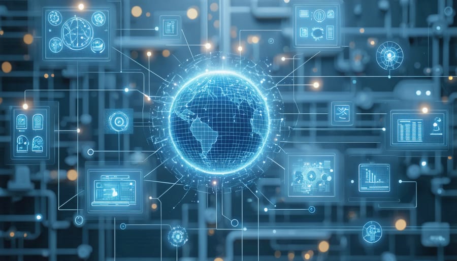 Various IoT sensors connected to HVAC, elevators, and lighting systems showing real-time data collection