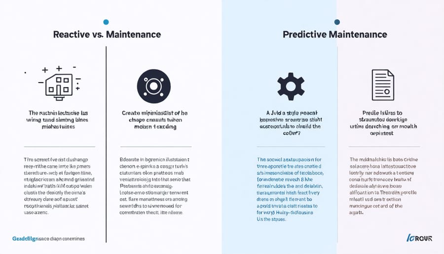 Split-screen comparison showing reactive maintenance with broken equipment versus predictive maintenance with data analytics and healthy equipment