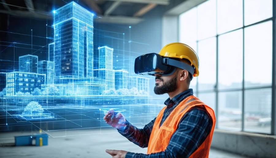 Mixed reality technology being used on active construction site for building visualization
