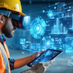 "Construction site showcasing a worker using virtual reality and digital tools, symbolizing the integration of traditional skills with innovative technologies for workforce development."