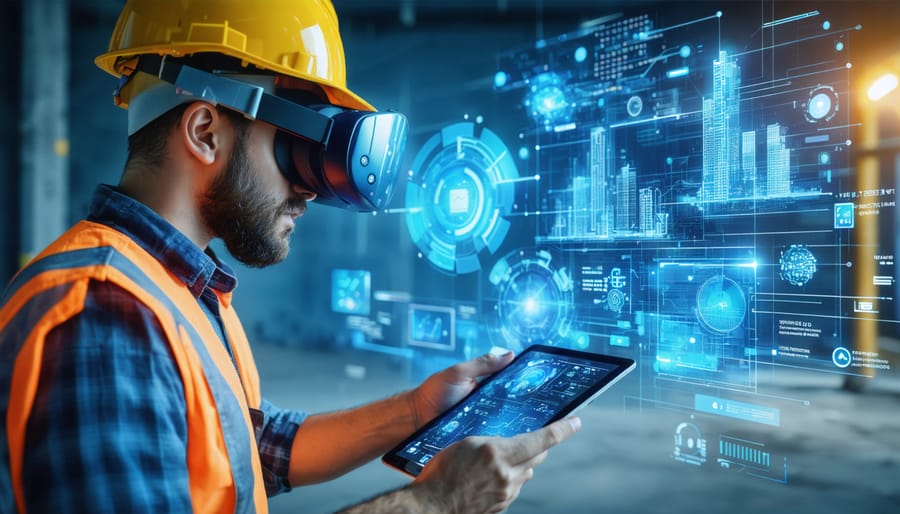 "Construction site showcasing a worker using virtual reality and digital tools, symbolizing the integration of traditional skills with innovative technologies for workforce development."