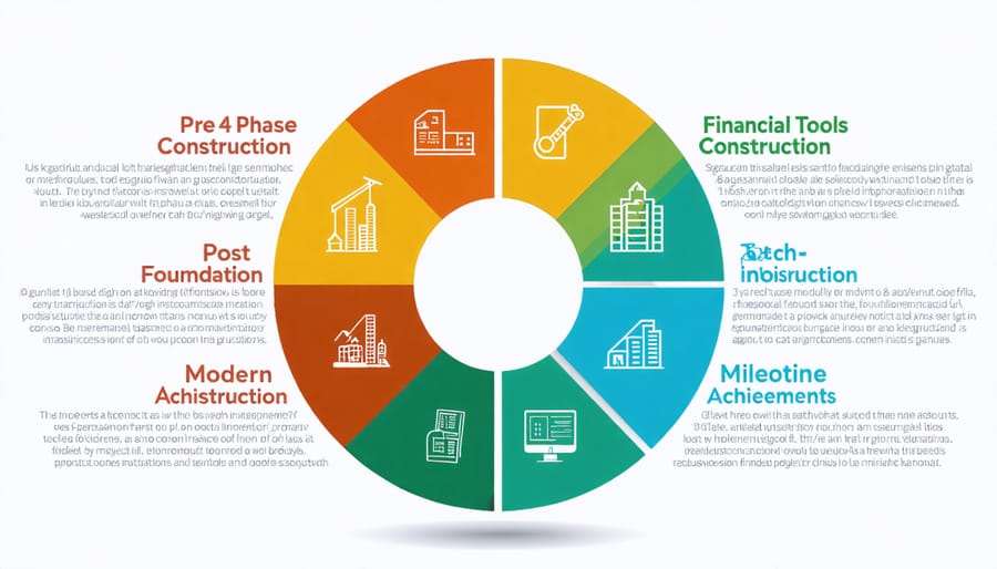 "Illustrative diagram showing the 4-phase model of modern construction finance, with each phase represented by a segment depicting financial tools and milestone achievements."