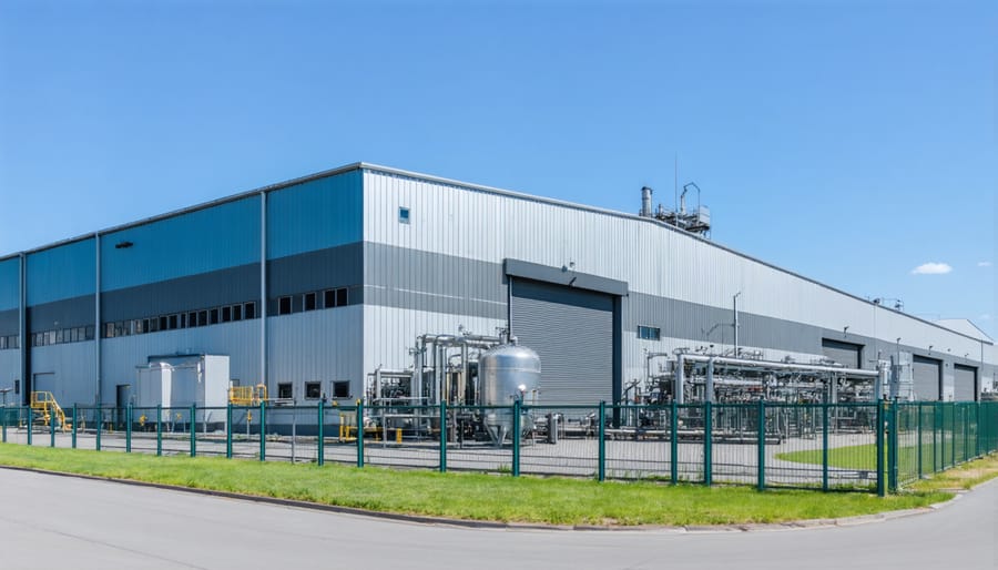 Modern industrial building showcasing energy-efficient design features and solar panels
