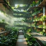 A modern office building with biophilic design featuring living walls, large windows, and natural wooden elements, illustrating the integration of nature in urban architecture.