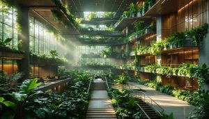 A modern office building with biophilic design featuring living walls, large windows, and natural wooden elements, illustrating the integration of nature in urban architecture.