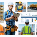 Construction site with workers wearing full PPE, including hard hats and safety vests, alongside a manager reviewing safety plans. The scene also features scaffolding with fall protection and a digital dashboard representing real-time safety data monitoring.