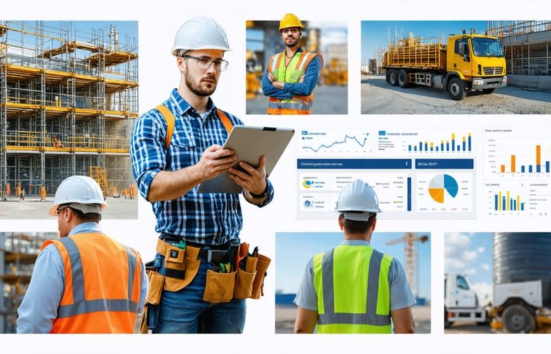 Construction site with workers wearing full PPE, including hard hats and safety vests, alongside a manager reviewing safety plans. The scene also features scaffolding with fall protection and a digital dashboard representing real-time safety data monitoring.