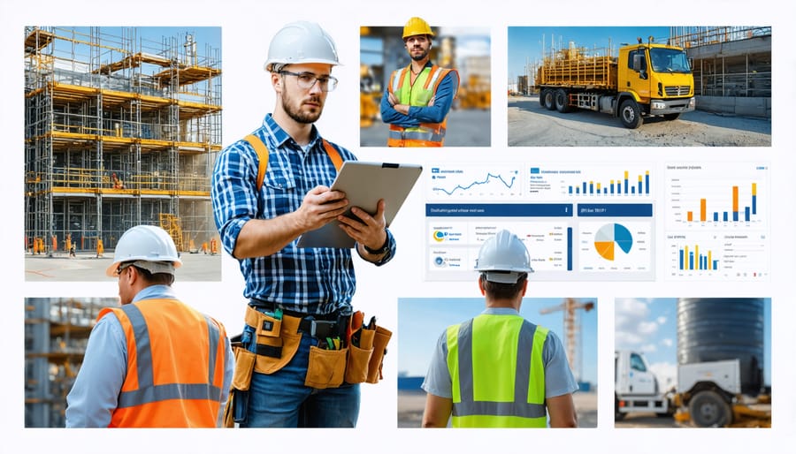 Construction site with workers wearing full PPE, including hard hats and safety vests, alongside a manager reviewing safety plans. The scene also features scaffolding with fall protection and a digital dashboard representing real-time safety data monitoring.