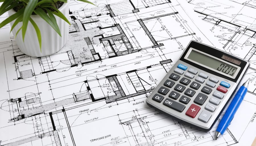 Construction blueprints laid out with financial planning documents and modern calculator