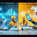 A conceptual split-screen image showing remote construction managers in a virtual meeting with BIM models, and on-site workers using tablets and augmented reality devices, symbolizing the integration of remote and on-site construction teams for better collaboration and efficiency.