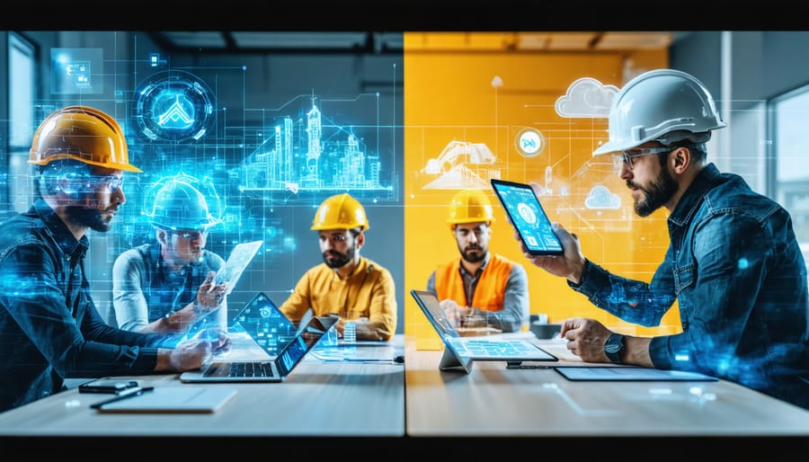 A conceptual split-screen image showing remote construction managers in a virtual meeting with BIM models, and on-site workers using tablets and augmented reality devices, symbolizing the integration of remote and on-site construction teams for better collaboration and efficiency.