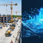 A visual comparison of a real construction site on one side and its corresponding digital twin interface displaying live data on the other, illustrating the impact of digital twin technology in construction.