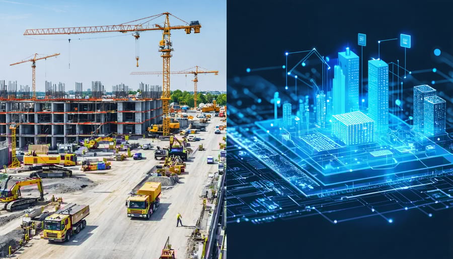 A visual comparison of a real construction site on one side and its corresponding digital twin interface displaying live data on the other, illustrating the impact of digital twin technology in construction.