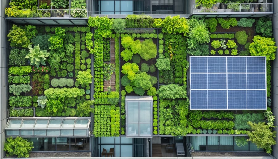Urban rooftop farm with organized growing beds and sustainable infrastructure