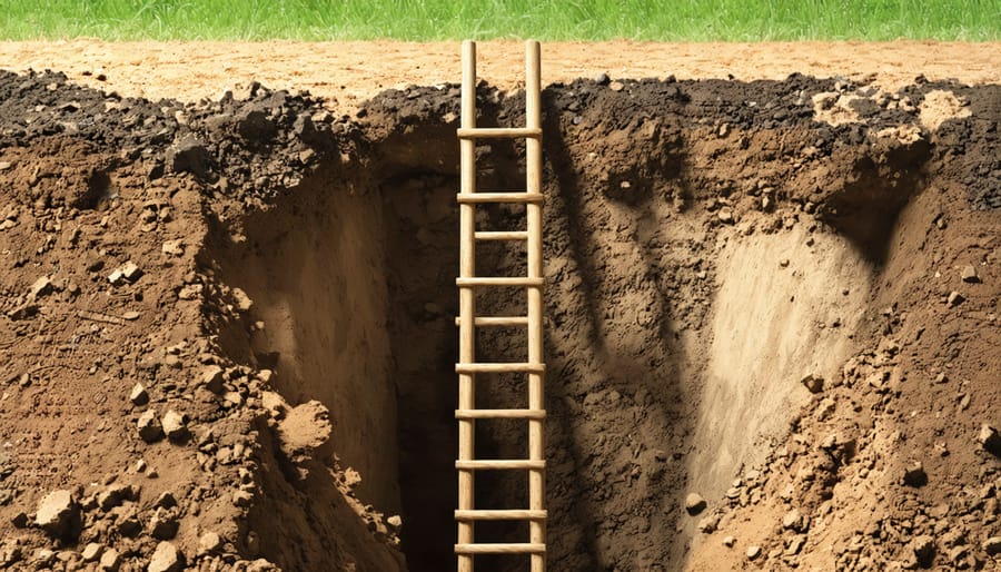 Safe trench excavation showing proper shoring and access methods