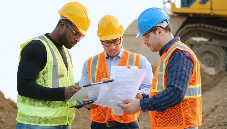Group of construction workers wearing PPE discussing safety policies on a construction site
