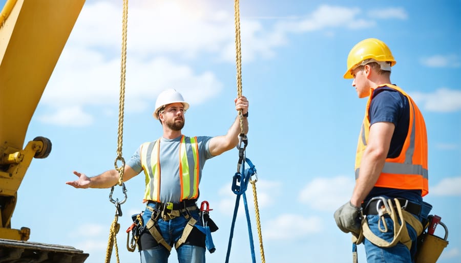 Construction safety trainer showing proper harness installation to workers in training room