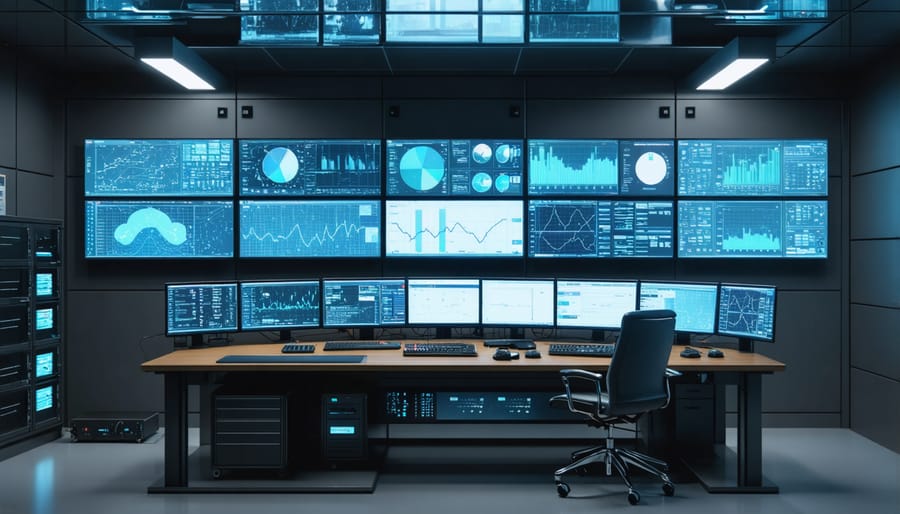 Energy control center operators monitoring SCADA systems and grid operations