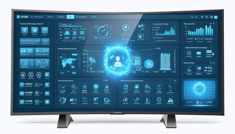 Dashboard view of a building management system showing multiple IoT-connected control systems