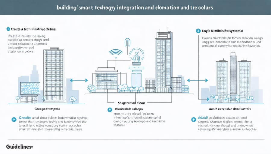 Digital illustration of smart building systems including IoT sensors, automation controls, and energy management