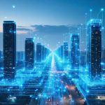 Cityscape illustrating modern skyscrapers equipped with IoT sensors and data streams, with a contrast between predictive maintenance and traditional maintenance states.