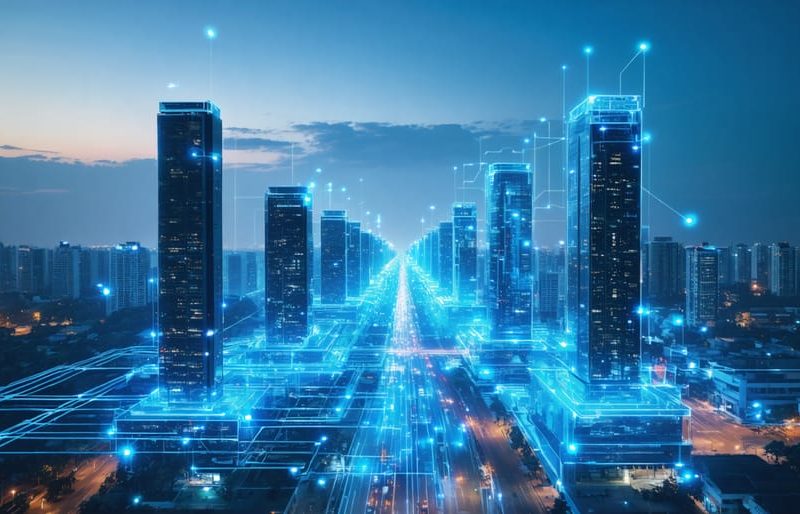 Cityscape illustrating modern skyscrapers equipped with IoT sensors and data streams, with a contrast between predictive maintenance and traditional maintenance states.